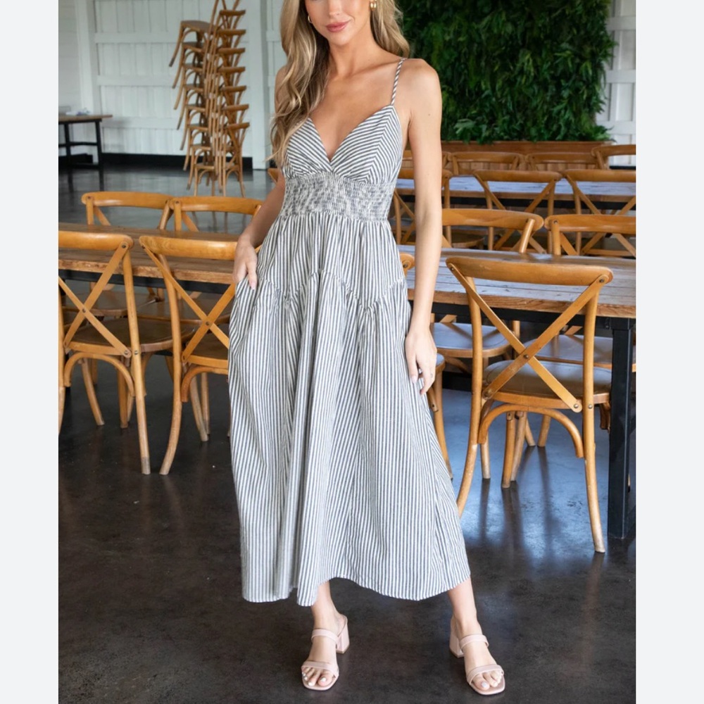 Striped Smocked Waist Midi Dress in Black & White